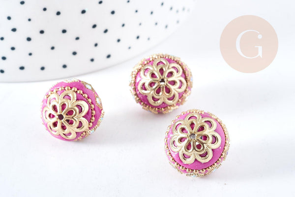 Perle indonesienne polymère rose fuchsia strass et zamac doré, ethnique exotique, 19.5mm x1 (G8458)