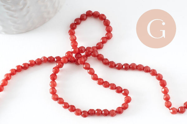 Perle jade rouge vif ,pierre naturelle,jade naturel, perle facette,jade,4mm,fil de 37 cm (G0887)