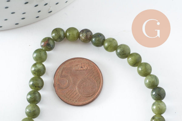 Perle jade vert olive ronde naturelle 6mm, x1 fil de 38cm (G3804)