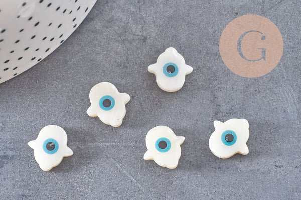 Perle main de fatma mauvais oeil nacre blanche 15-16 mm, Perles coquillage création bijou chance, x 5 G7135