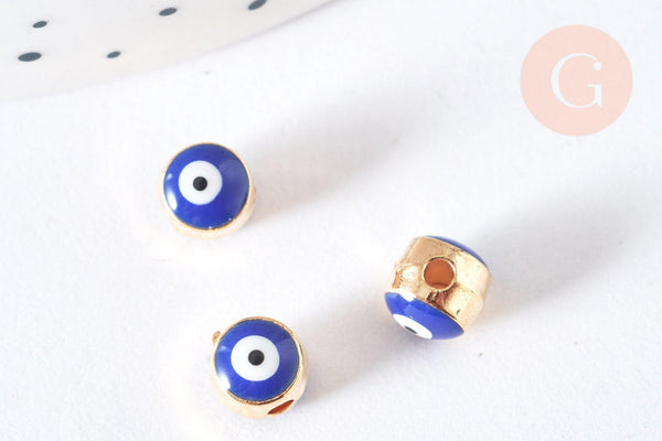 Perle mauvais œil doré émail bleu foncé laiton doré 5,5mm,chance, bijou mauvais oeil, x10 G7118