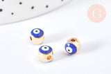 Perle mauvais œil doré émail bleu foncé laiton doré 5,5mm,chance, bijou mauvais oeil, x10 G7118