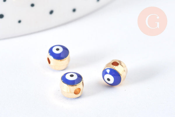 Perle mauvais œil doré émail bleu foncé laiton doré 5,5mm,chance, bijou mauvais oeil, x10 G7118