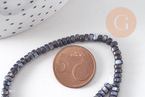 Perle nacre noire naturelle heishi, tube coquillage ivoire, 2x4mm, fil de 95 perles, x1 (G5417)