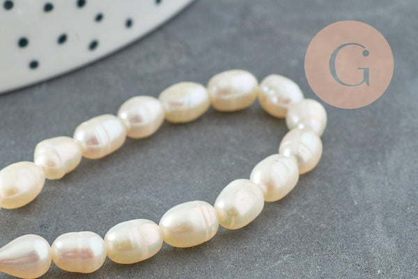 Perle naturelle blanche grain de riz 5-7mm grade A, x1 fil de 18cm (G6832)