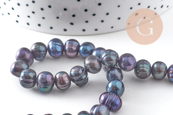 Perle naturelle culture d'eau douce noire ovale 7.5-10mm, x1 fil de 37cm (G10884)