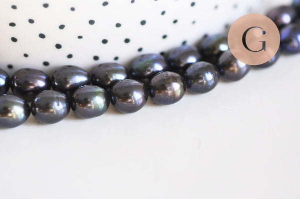 Perle naturelle culture d'eau douce noire ovale 8-10mm, x1 fil (G6285)