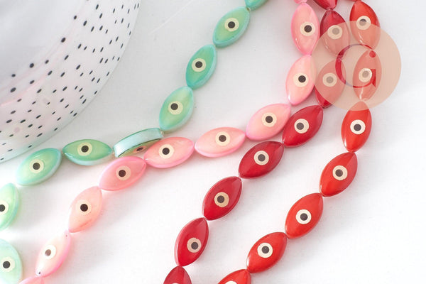 Perle navette nacre colorée mauvais oeil, bijou porte-bonheur,chance, gri-gri,15mm, fil de 25 perles, x1 (G0300)