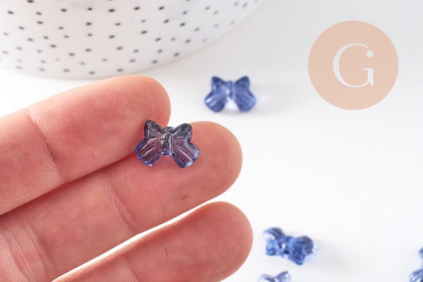 Perle noeud papillon verre bleu transparent irisé 9.5mm, x10 (G10597)