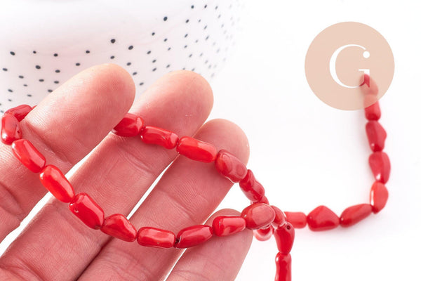 Perle ovale corail rouge, perles corail, corail rouge, corail naturel, fil 40cm,9-13mm, x1 (G0670)