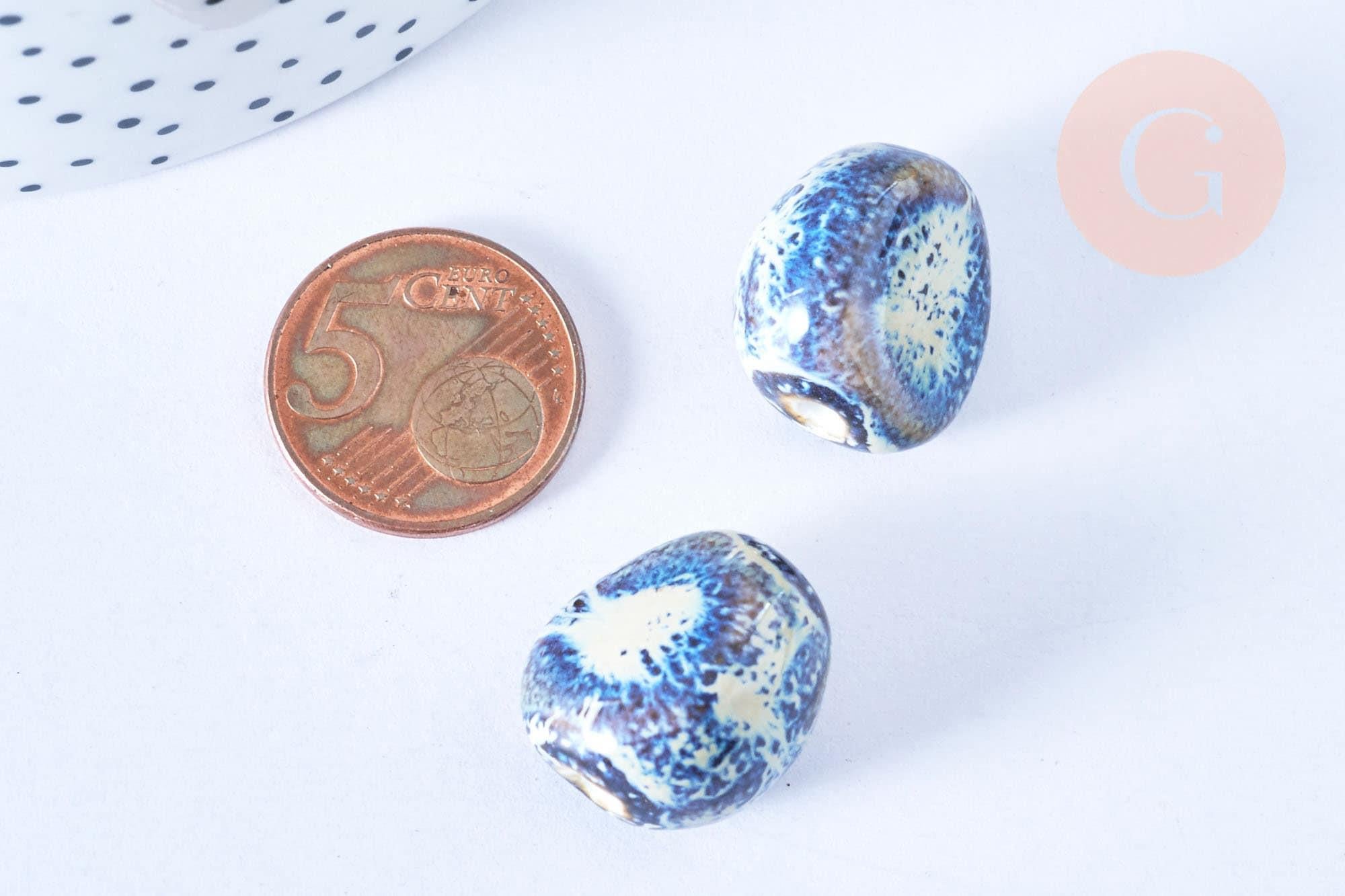 Perle ovale en porcelaine artisanale, des perles en céramique pour des bijoux originaux, 18-21mm, x5 (G5467)