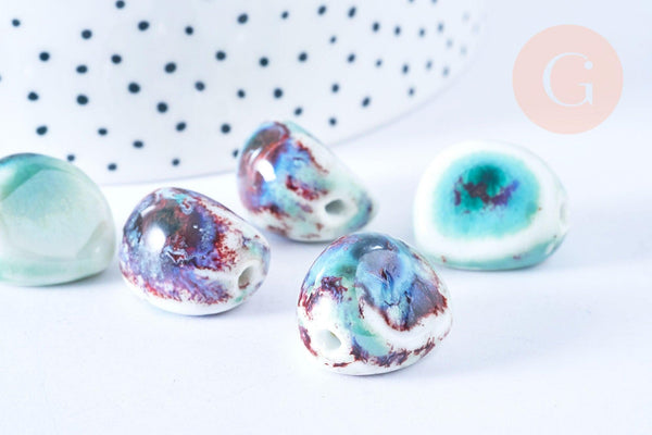 Perle ovale en porcelaine artisanale vert-violet, fantaisie porcelaine émaillée,18-21mm, x5 G5466