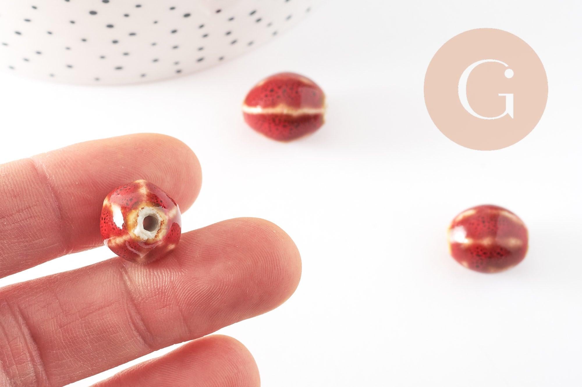 Perle ovale porcelaine rouge-marron 15.5-16mm, perle céramique, fabrication bijoux amour et amitié x5 (G9350)