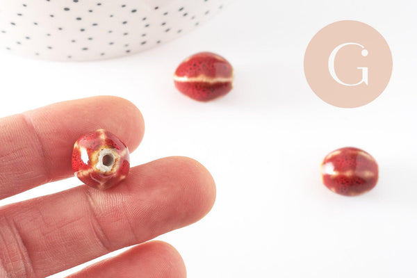 Perle ovale porcelaine rouge-marron 15.5-16mm, perle céramique, fabrication bijoux amour et amitié x5 G9350