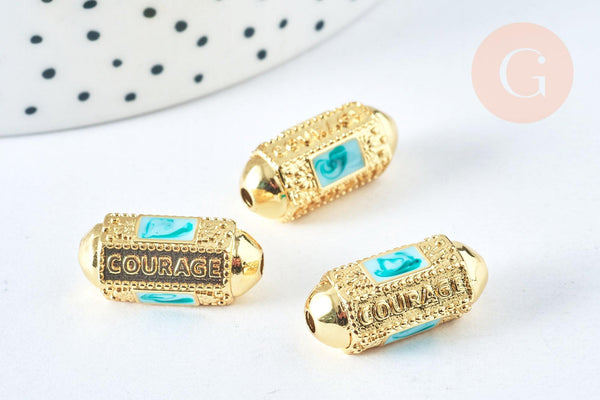 Perle ovale talisman message "courage" émail bleu doré18k 20 mm, perle dorée à message pour création bijoux, x1 G6993