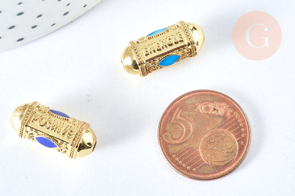 Perle ovale talisman message émail coloré laiton doré 18k 19mm, x1 (G6994)