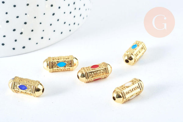 Perle ovale talisman message émail coloré laiton doré 18k 19mm, x1 (G6994)