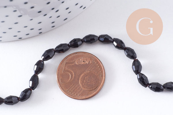 Perle ovale verre facetté noir 6x4mm, fil de 38cm x1 (G10628)