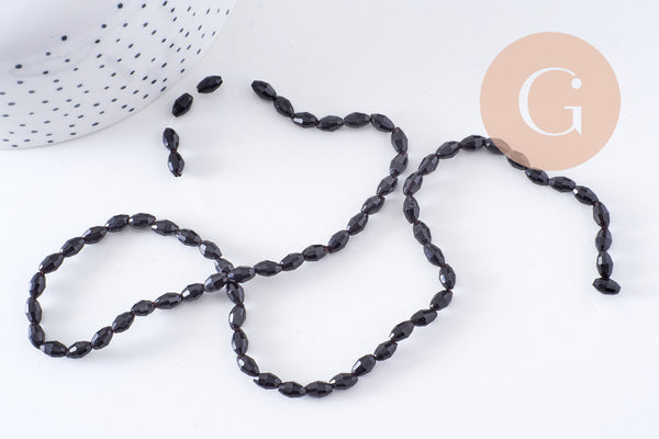 Perle ovale verre facetté noir 6x4mm, fil de 38cm x1 (G10628)