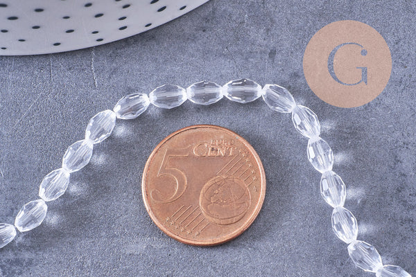 Perle ovale verre facetté transparent 6x4mm, fil de 38cm, x1 (G10584)