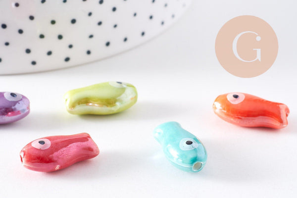 Perle poisson porcelaine multicolore 19.5mm, x5 (G10321)