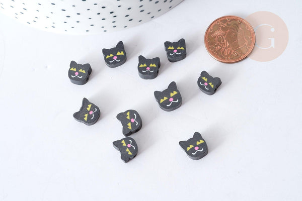 Perle polymère chats noirs, perle animal fantaisie DIY,8~10mm, x10 (G7963)