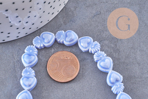 Perle porcelaine bleu tendre coeur irisé, perle céramique, 16mm, x20 (G3972)