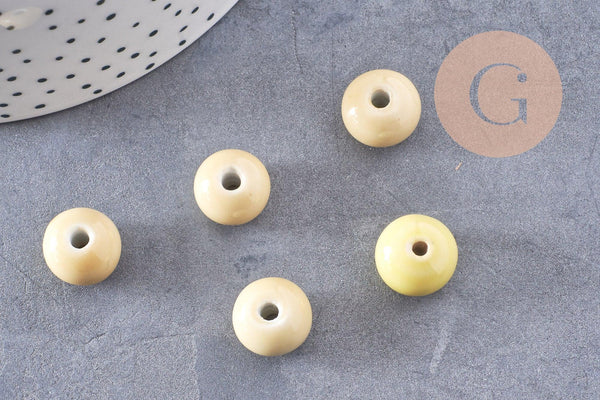 Perle porcelaine jaune pâle, perle céramique, porcelaine jaune,perle ronde, création bijoux, 1.5cm, x5 G2300