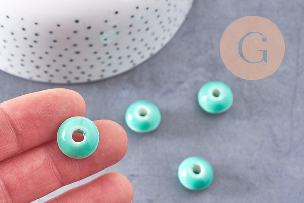 Perle porcelaine rondelle émail turquoise 12x7mm, création bijoux céramique, x10 G7479