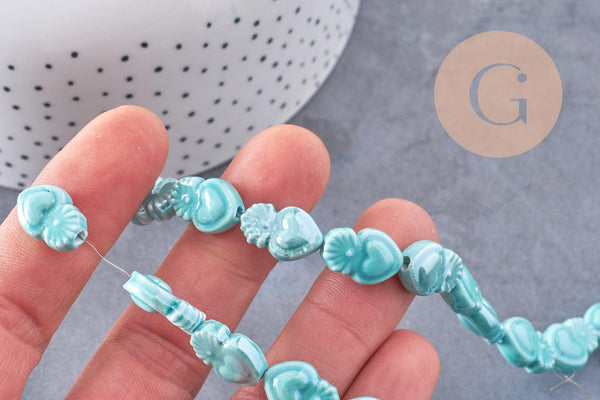 Perle porcelaine turquoise coeur irisé, perle céramique bleu, 16mm, x20 (G3973)