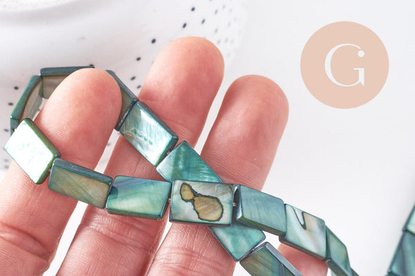 Perle rectangle nacre verte naturelle 15.5, cration bijoux nacre coquillage,le fil de 38cm, x1 (G1701)