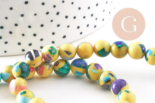 Perle résine ronde multicolore jaune, perle turquoise, turquoise synthétique, 8mm, fil de 40cm, x1 (G1702)