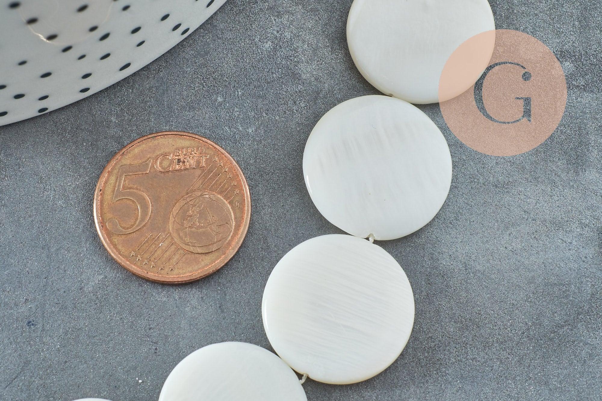 Perle rond nacre blanche naturelle 20mm, coquillage blanc, fil de 40cm, x1 (G5582)