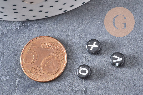 Perle ronde Lettres plastique doré noir blanc argent, x 10 grammes (G1689)