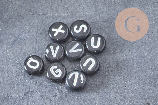 Perle ronde Lettres plastique doré noir blanc argent, x 10 grammes (G1689)