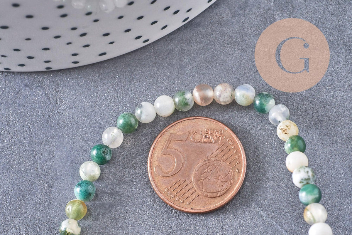 Perle ronde agate mousse naturelle 4mm, x1 fil de 90 perles (G1537)
