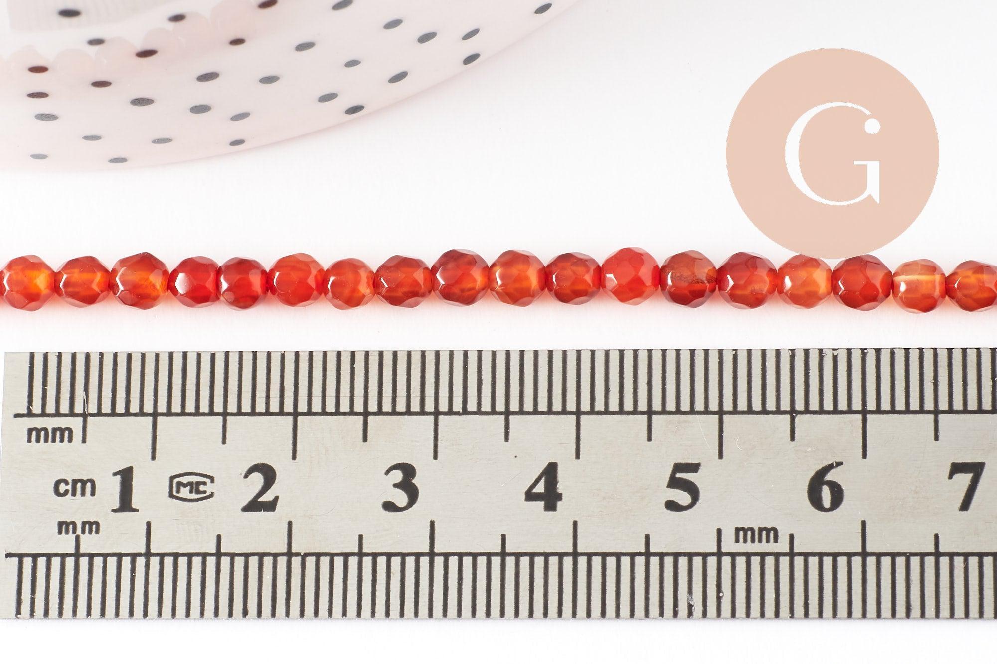 Perle ronde agate naturelle orange brique facettée 4mm, x1 fil de 90 perles(G2429)