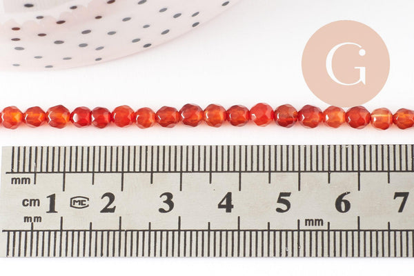 Perle ronde agate naturelle orange brique facettée 4mm, x1 fil de 90 perles(G2429)