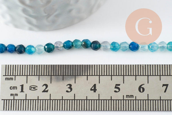 Perle ronde agate naturelle teintée bleu océan facettée 4mm, x1 fil de 37cm (G1527)