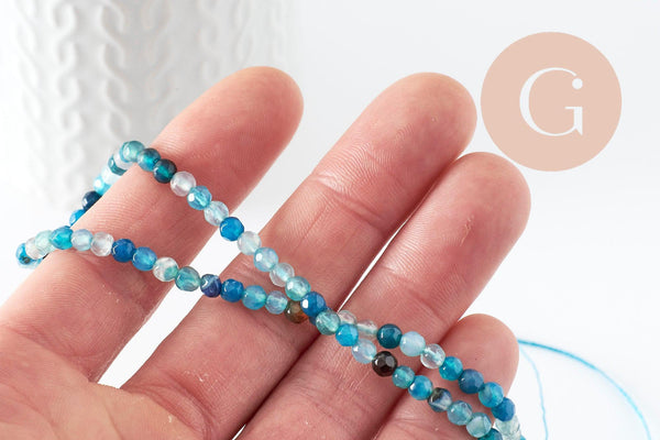Perle ronde agate naturelle teintée bleu océan facettée 4mm, x1 fil de 37cm (G1527)