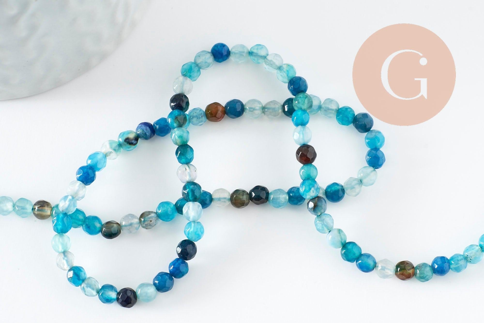 Perle ronde agate naturelle teintée bleu océan facettée 4mm, x1 fil de 37cm (G1527)