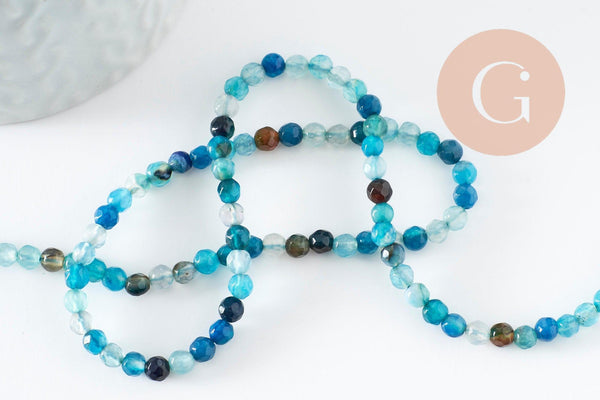 Perle ronde agate naturelle teintée bleu océan facettée 4mm, x1 fil de 37cm (G1527)