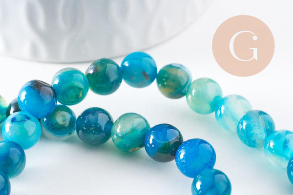 Perle ronde agate rayée bleu turquoise 8mm, x1 fil de 38cm (G3879)