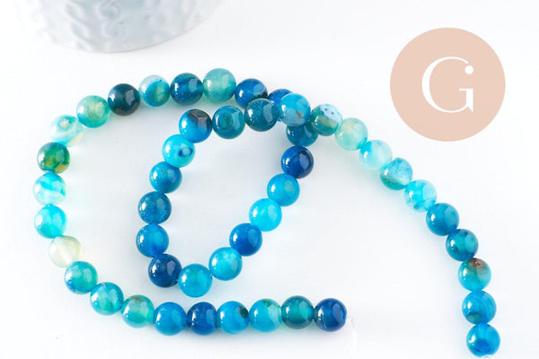Perle ronde agate rayée bleu turquoise 8mm, x1 fil de 38cm (G3879)