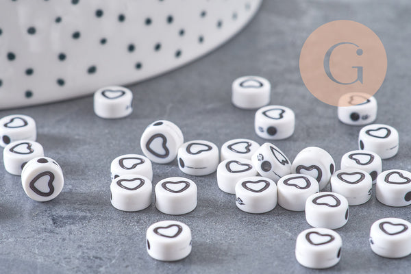 Perle ronde coeur noir plastique blanc, x10Gr (G2031)