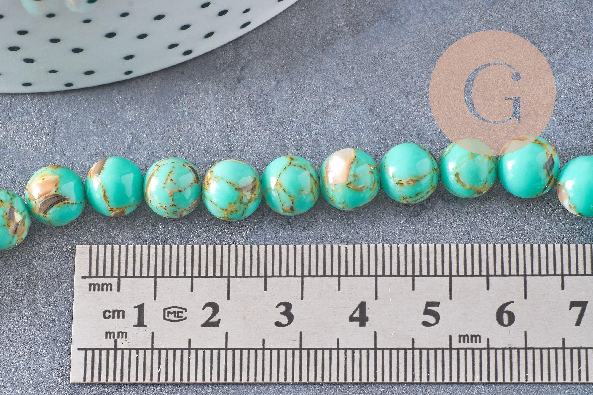 Perle ronde coquillage et turquoise bleu 8mm, x1 fil de 40cm (G5387)