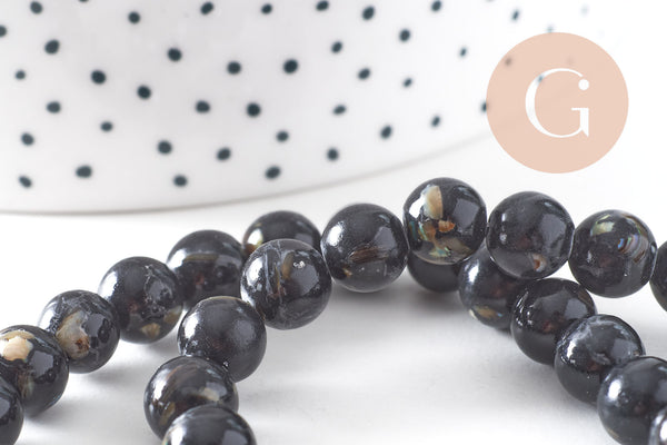 Perle ronde coquillage et turquoise noire 8mm, x1 fil de 39cm (G3839)