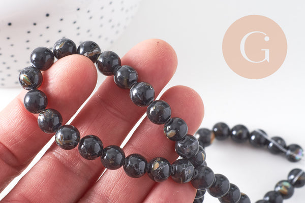 Perle ronde coquillage et turquoise noire 8mm, x1 fil de 39cm (G3839)