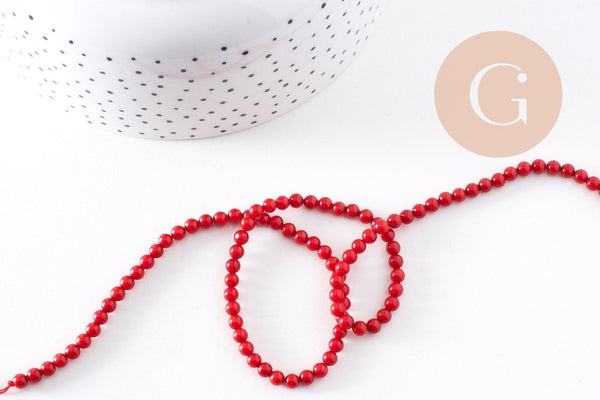 Perle ronde corail naturel teinté rouge 4mm, perles coquillage, x1 fil de 39cm(G0694)