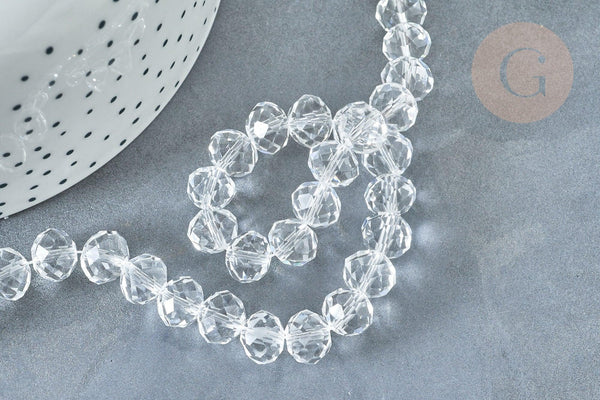 Perle ronde cristal facetté transparent 10mm, x1 fil de 46cm (G8145)